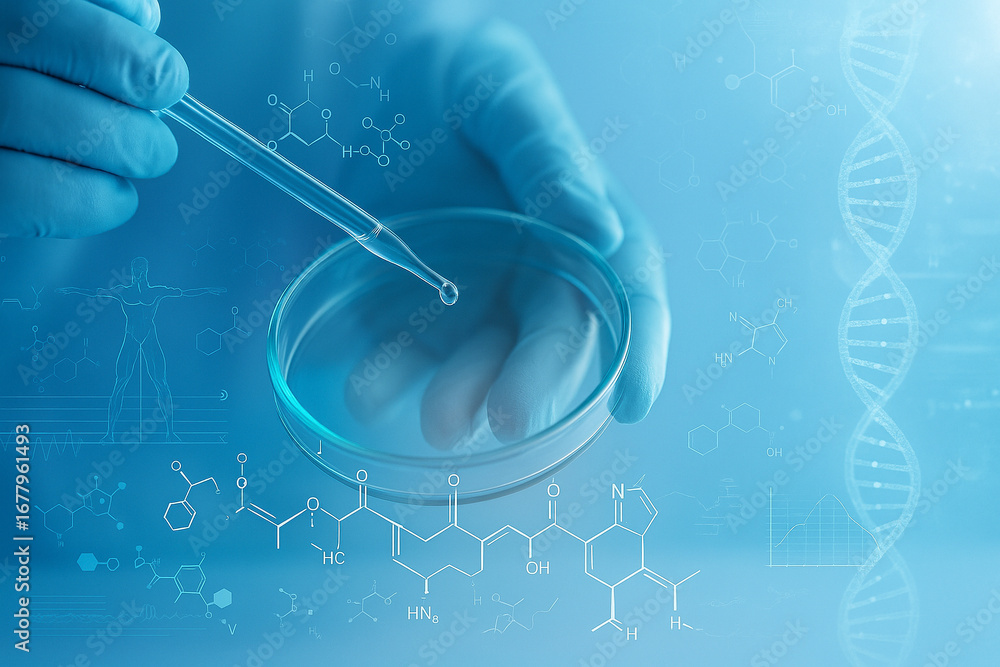 Aufkleber ai generated scientist hand using pipette to drop sample into petri dish with digital dna and molecu