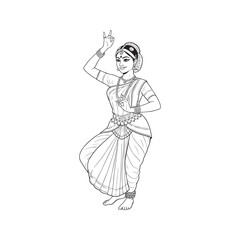 Fototapeta premium Beautiful Indian Classical Dancer in Traditional Bharatanatyam Pose Line Art Drawing. 