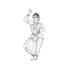 Beautiful Indian Classical Dancer in Traditional Bharatanatyam Pose Line Art Drawing.
