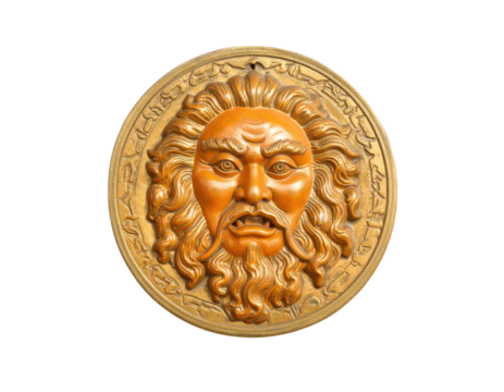 Antique circular relief sculpture of a mythological male face with beard and flowing hair.