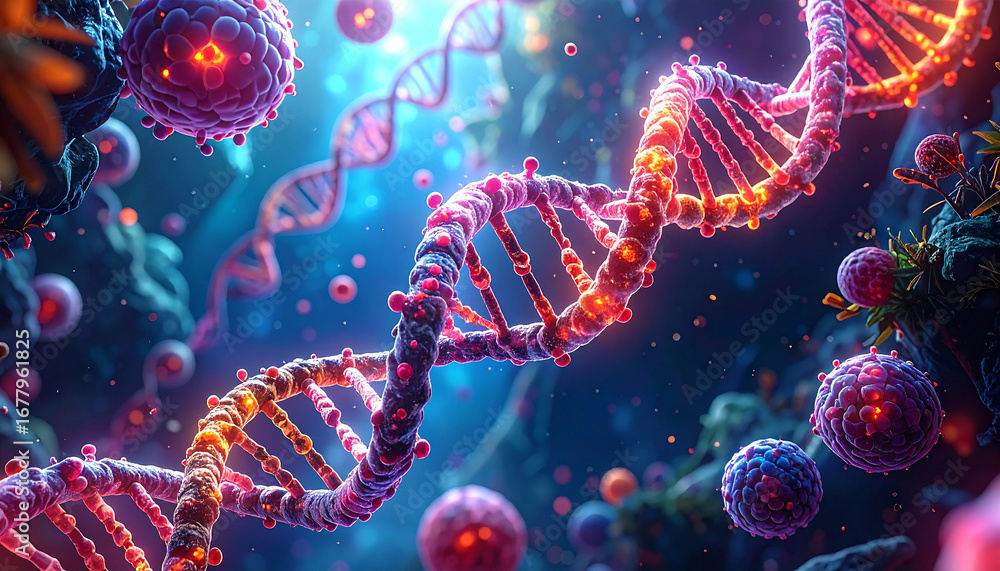 Poster dna and microscopic world: a vibrant display of dna double helix nestled within an otherworldly real