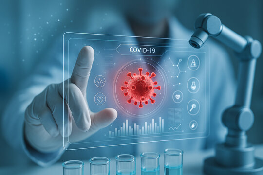 AI generated futuristic medical research scene showing scientist interacting with holographic interface displaying virus model robotic arm and scientific data analysis in modern laboratory