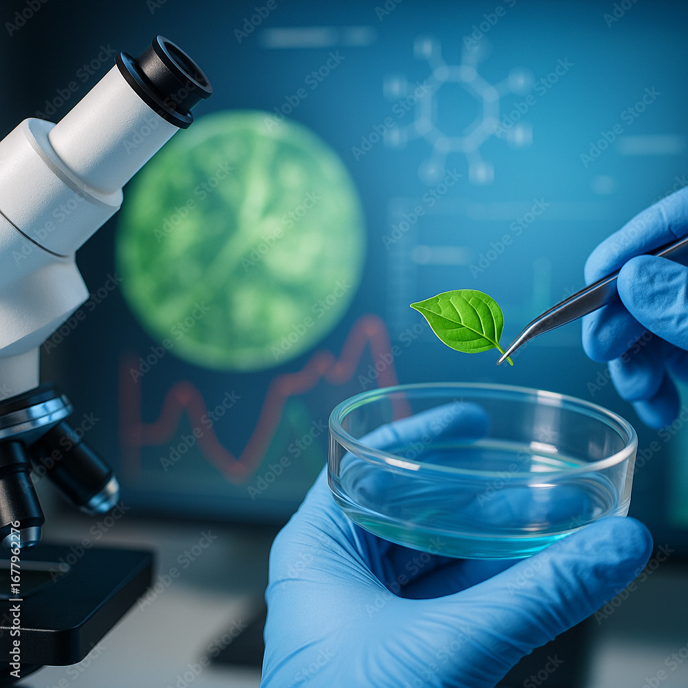 Poster ai generated ultra realistic image of a researcher with gloves placing a green leaf into a petri dis