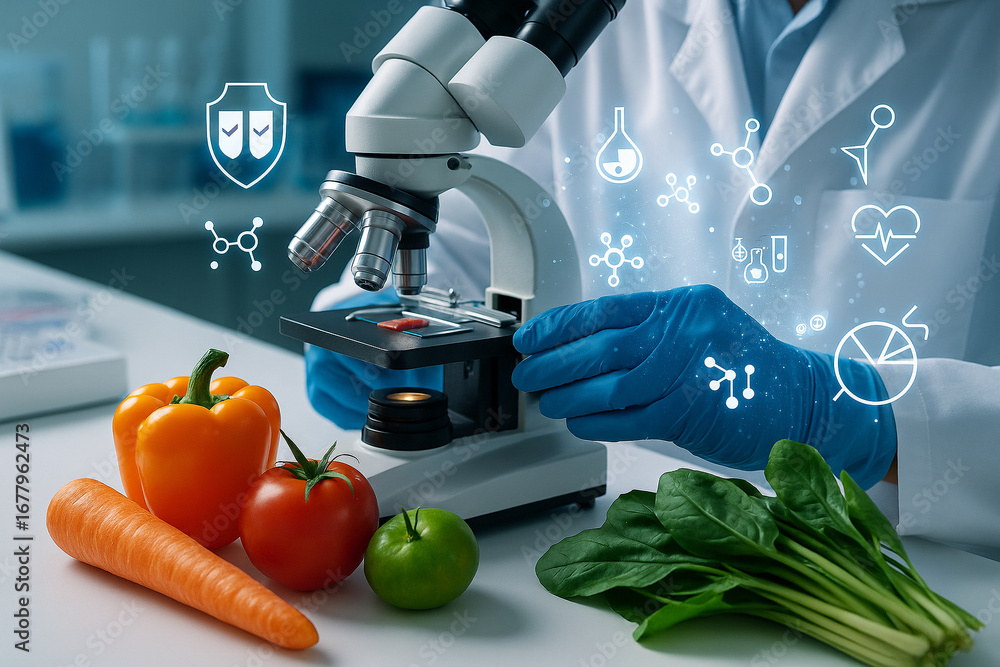 Aufkleber ai generated image of a scientist in laboratory using microscope to analyze fresh vegetables and fru