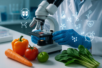 AI generated image of a scientist in laboratory using microscope to analyze fresh vegetables and fruits with digital molecular graphics representing food biotechnology and nutrition science