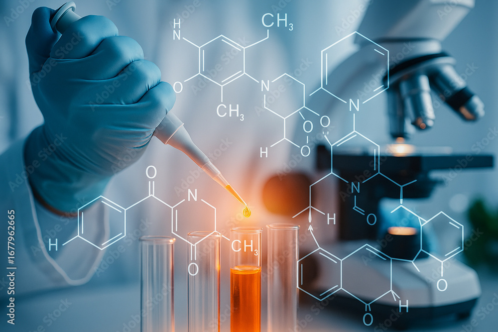 Poster ai generated image of scientist hand with micropipette dropping sample into test tube with microscop