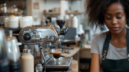 Young African-American female barista in a coffee shop, making espresso. 4k video