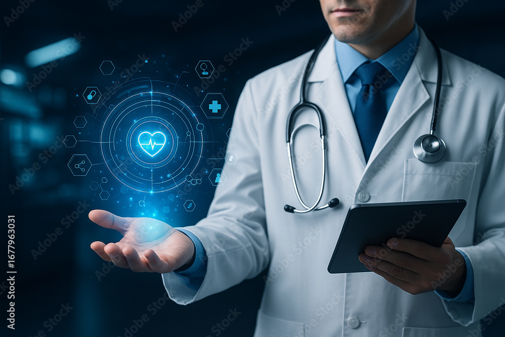 Poster ai generated image of a doctor using digital holographic medical interface symbolizing innovation pr