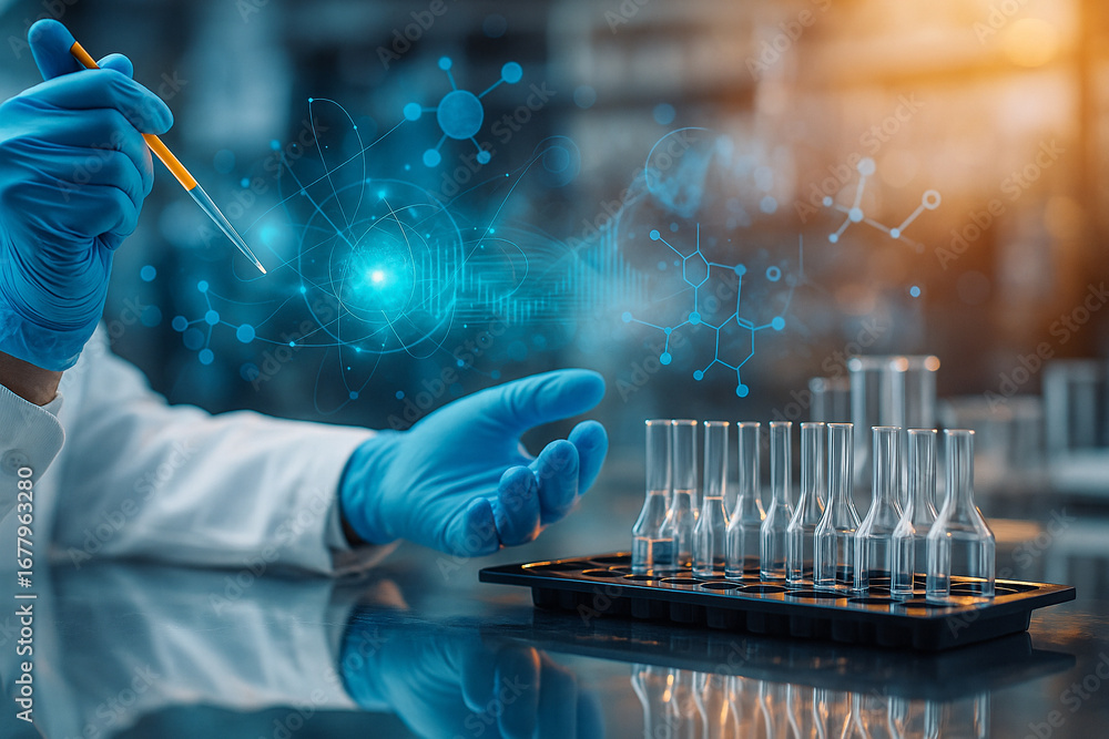 Aufkleber ai generated scientist hand using pipette to drop liquid into test tubes with molecular graphics sym