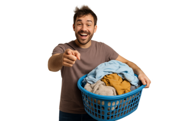 man holding a basket of laundry