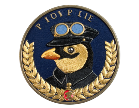 Cartoon bird pilot emblem with goggles and laurel wreath.