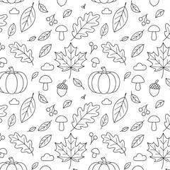 Vector illustration featuring a seamless pattern of autumn leaves, pumpkins, acorns, mushrooms, and clouds, creating a cozy seasonal atmosphere for design projects