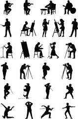 Performing arts and creative activities, musicians, dancers, painters, actors, singers, filmmakers, artistic expression, cultural performance, black white, flat vector illustration