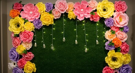 Vibrant Multicolored Floral Backdrop with Sparkling Fairy Lights on Green Wall