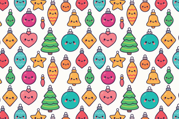 Colorful vector illustration featuring cute Christmas ornaments, including trees, stars, and baubles, arranged in a playful pattern, perfect for festive designs and holiday celebrations
