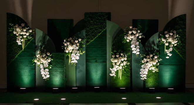 Elegant Green Event Backdrop with White Orchid and Flower Arrangements, Lit by Spotlights - Powered by Adobe