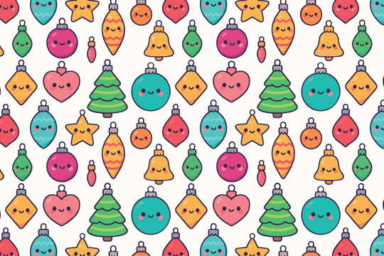 Colorful vector illustration featuring cute Christmas ornaments, including trees, stars, and baubles, arranged in a playful pattern, perfect for festive designs and holiday celebrations