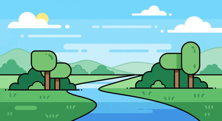 Obraz premium Illustration Vector SVG Landscape with River Trees and Sky Modern Flat Design
