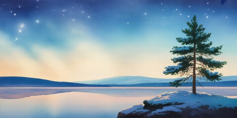 Serene winter landscape with lone pine tree reflecting in calm waters under starry sky