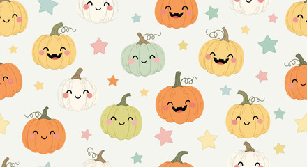 Cute Pumpkin Vector SVG Seamless Pattern with Smiling Faces and Star Elements in Pastel Colors for Seasonal Design
