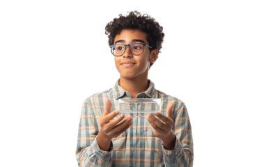 Young learner showcasing innovative scientific experiment at school science fair competition isolated on transparent background PNG