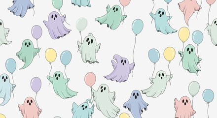 Illustration Vector SVG Design featuring Cartoon Ghosts and Balloons Cute Pastel Colors Pattern for Halloween Party Theme