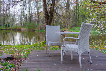 Obraz premium Outdoor seating at Pszczyna castle park in Poland