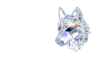 Crystalline wolf head with reflective facets and holographic light effects.