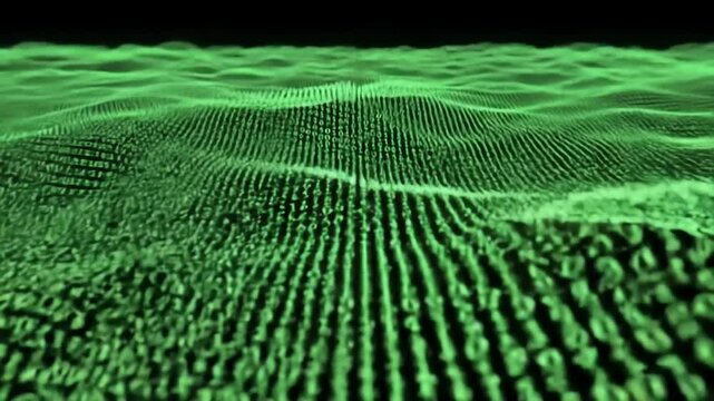 Abstract green binary code forms undulating terrain against a black backdrop, creating a dynamic and technological visual effect.