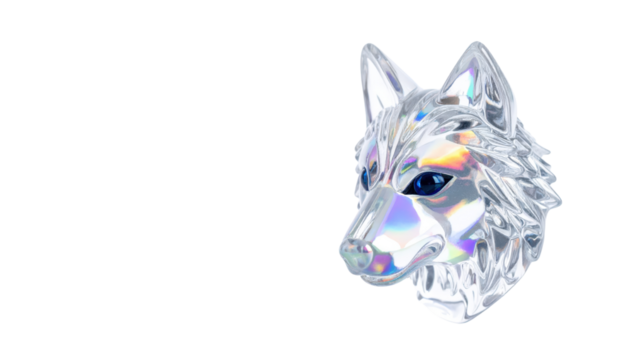 Crystalline wolf head with reflective facets and holographic light effects.