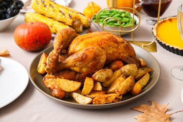 Festive table setting with tasty turkey for Thanksgiving Day, closeup