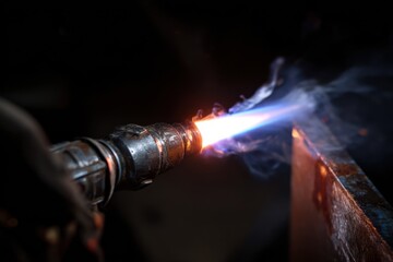 Intense Blue Flame Igniting from Industrial Torch in Professional Workshop Environment
