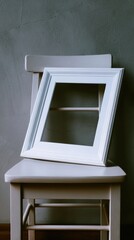 White Picture Frame Leaning on Chair Against Subtle Gray Wall in Minimalist Interior Setting