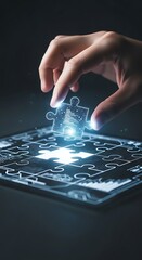 Hand placing a glowing puzzle piece