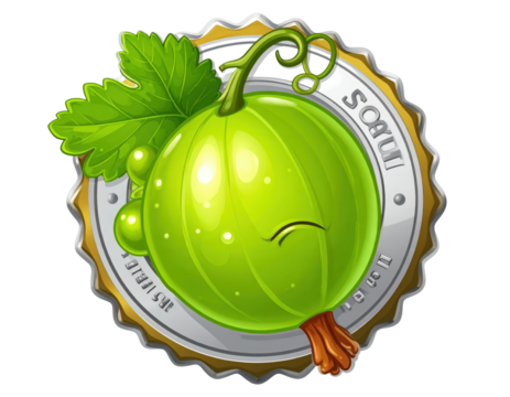 Cute cartoon green gooseberry with a happy face and fresh leaf illustration.