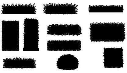 Set of decorative garden hedge shapes, trimmed bush silhouettes in various forms, ornamental shrub borders, green fences and landscaping elements for garden design and decorative planting