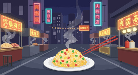 Vibrant asian food market street filled with street food vendor stalls illustration