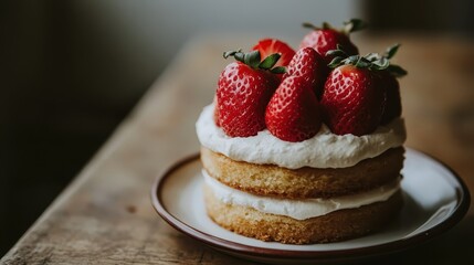 Fresh Strawberry Cream Cake on Wooden Table with Soft Lighting
