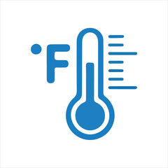 Blue Fahrenheit thermometer icon with temperature scale on white background measurement