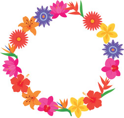 Colorful floral wreath illustration featuring vibrant flowers in various shapes and sizes, perfect for decorative purposes and creative design projects with copy space