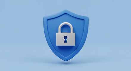 Blue shield with silver padlock representing data security and network protection on a light blue background ensuring privacy and safety of information