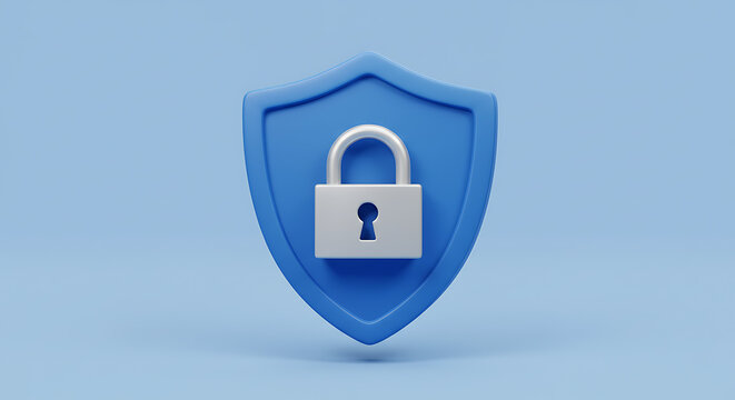 Blue shield with silver padlock representing data security and network protection on a light blue background ensuring privacy and safety of information