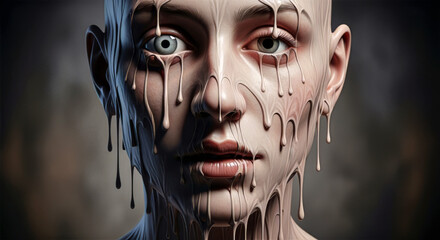 A close up of a person's face with white liquid dripping down their face and one eye is completely white