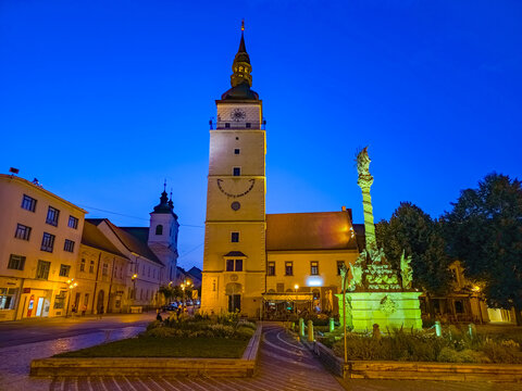 Sunset view of city tower in Trnava, Slovakia