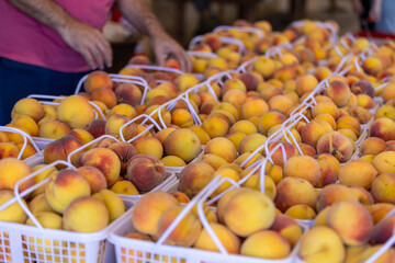 Fresh peaches in white baskets at a market stall.