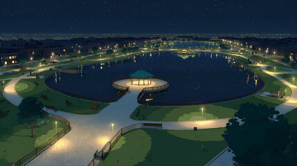 Cartoon-style hand-painted illustration material of park night scene