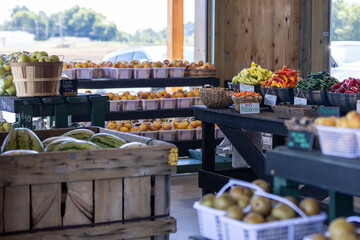 Fresh fruits and vegetables at a farmers market. Watermelons, peaches, peppers, and other produce displayed in baskets and crates.