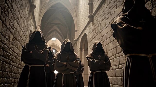 Mysterious Group Of Hooded Monks In Brown Robes Standing Inside A Gothic Stone Archway Lit By Soft Light