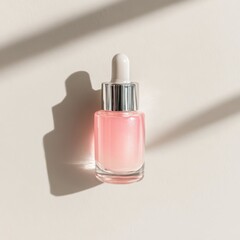 Close-Up of Dropper Bottle with Pink Liquid Against Minimalist Background and Soft Shadows