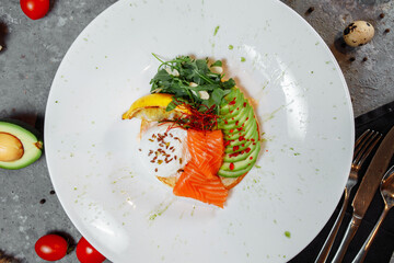 Summer healthy fastfood lunch, breakfast with Pancake with red fish, avocado and egg for breakfast. Aesthetic still life, healthy food concept